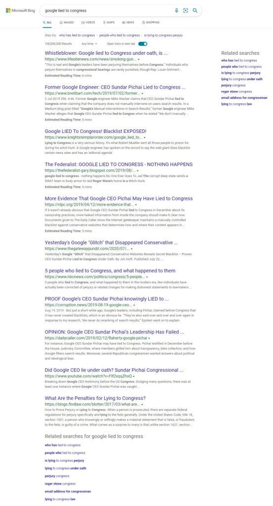 Bing Results - Google Lied to Congress